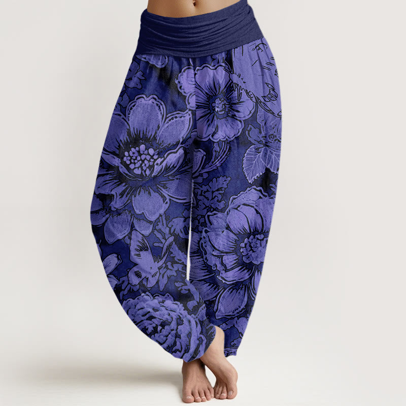 Cotton Peony Flowers Butterfly Pattern Design Women's Elastic Waist Harem Pants
