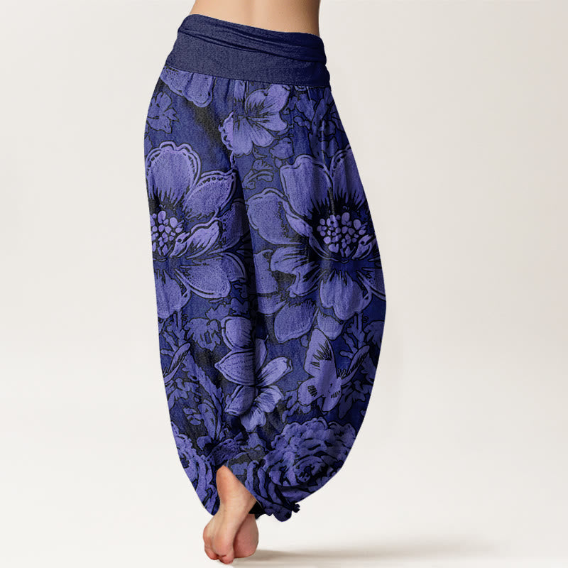 Cotton Peony Flowers Butterfly Pattern Design Women's Elastic Waist Harem Pants