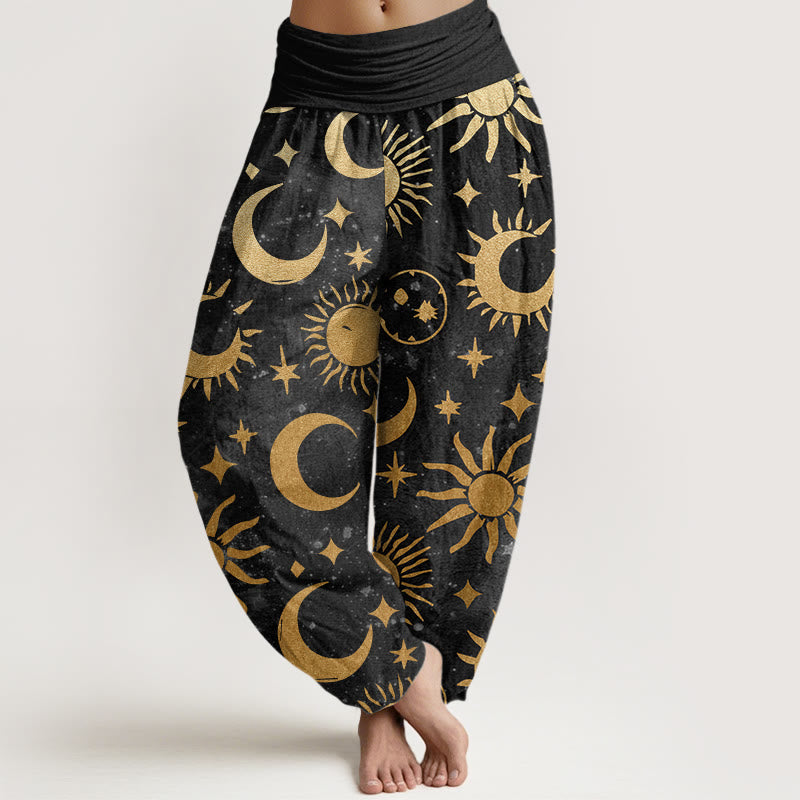 Cotton Crescent Moon Sun Stars Pattern Design Women's Elastic Waist Harem Pants