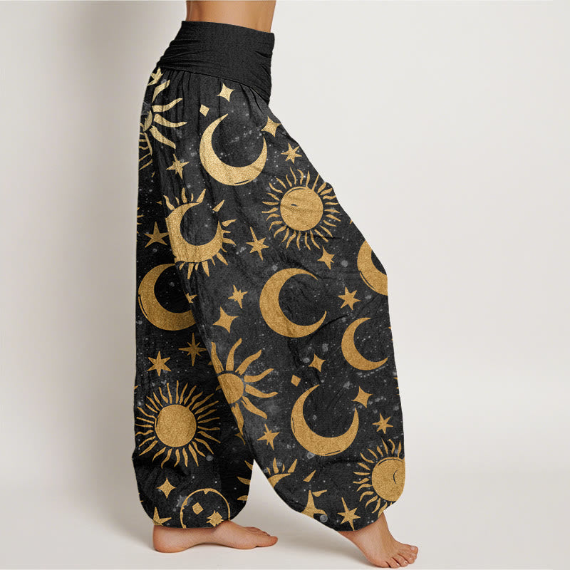 Cotton Crescent Moon Sun Stars Pattern Design Women's Elastic Waist Harem Pants