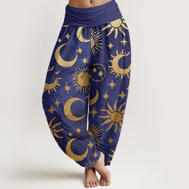 Cotton Crescent Moon Sun Stars Pattern Design Women's Elastic Waist Harem Pants