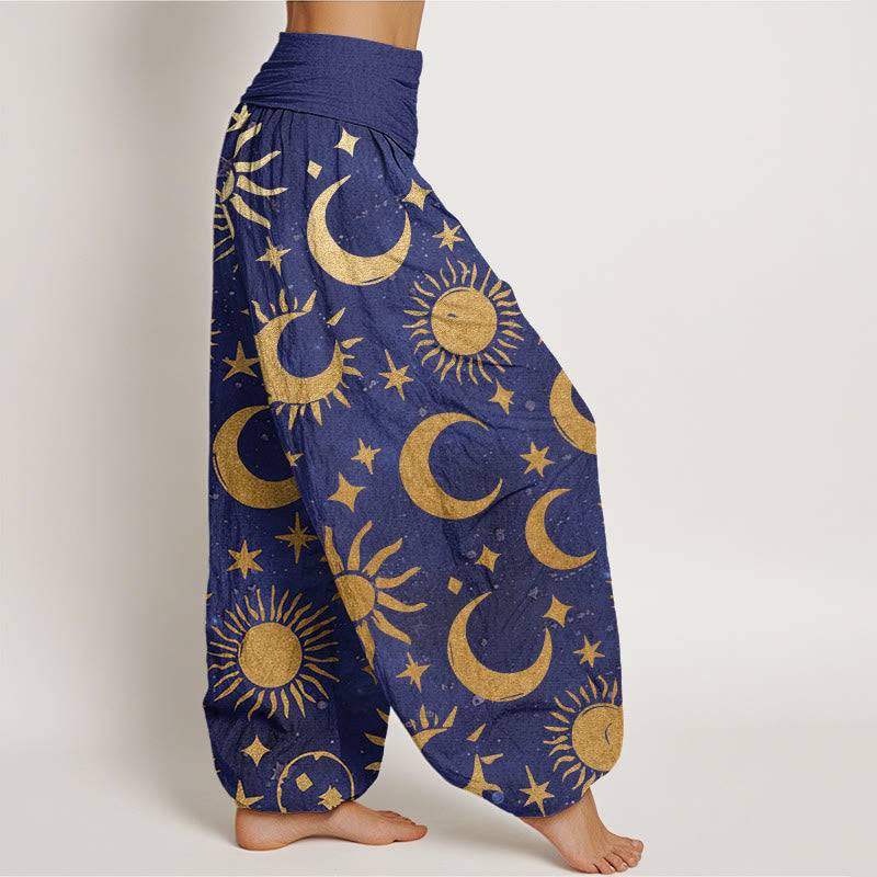 Cotton Crescent Moon Sun Stars Pattern Design Women's Elastic Waist Harem Pants