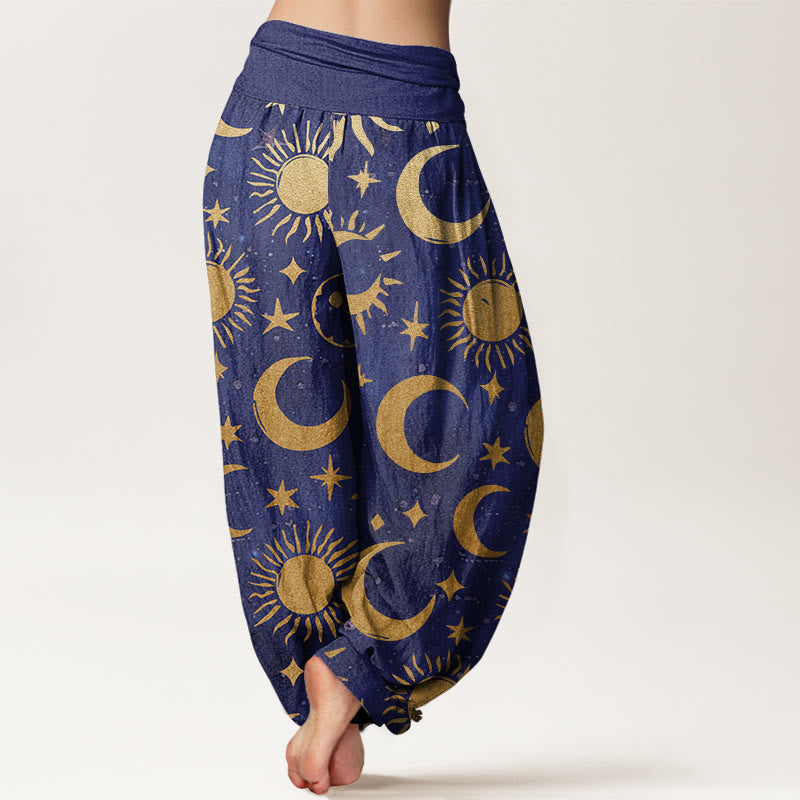 Cotton Crescent Moon Sun Stars Pattern Design Women's Elastic Waist Harem Pants