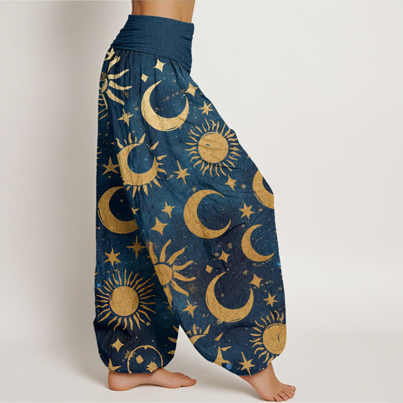 Cotton Crescent Moon Sun Stars Pattern Design Women's Elastic Waist Harem Pants