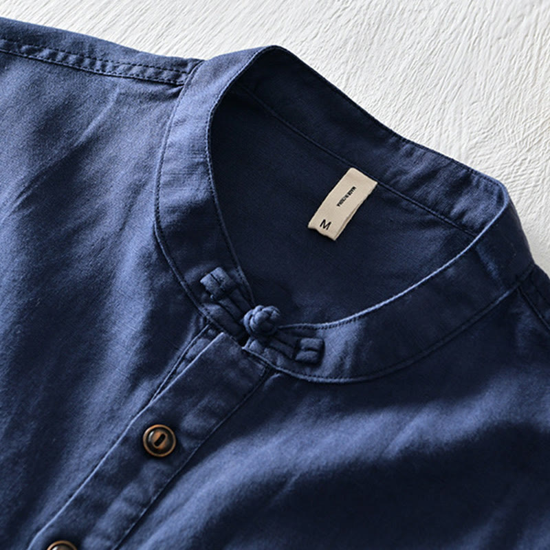 Solid Color Half Button Design Stand Collar Men's Short Sleeve Cotton Linen Shirt