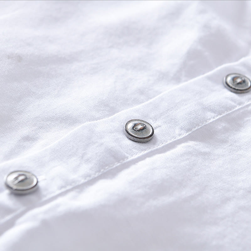 Solid Color Half Button Design Stand Collar Men's Short Sleeve Cotton Linen Shirt