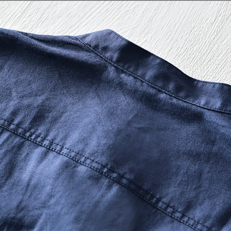 Solid Color Half Button Design Stand Collar Men's Short Sleeve Cotton Linen Shirt