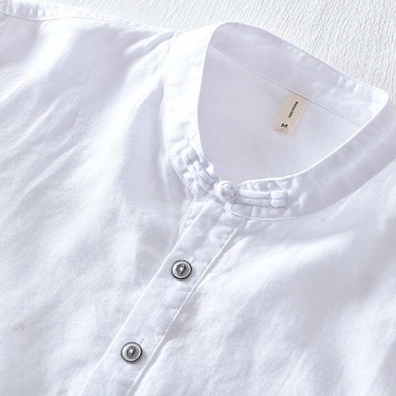 Solid Color Half Button Design Stand Collar Men's Short Sleeve Cotton Linen Shirt