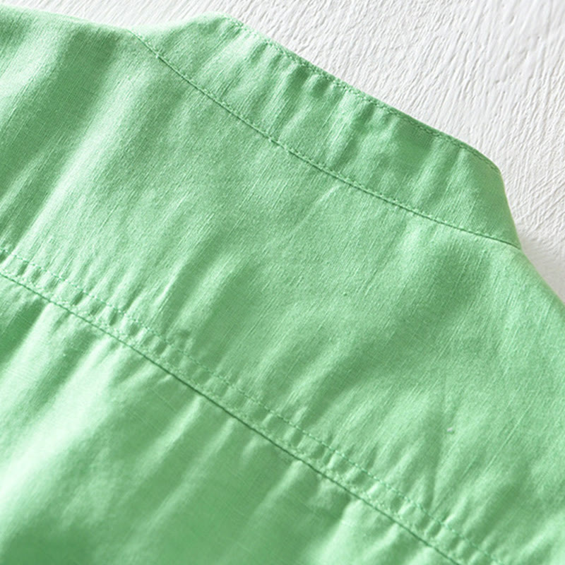 Solid Color Half Button Design Stand Collar Men's Short Sleeve Cotton Linen Shirt