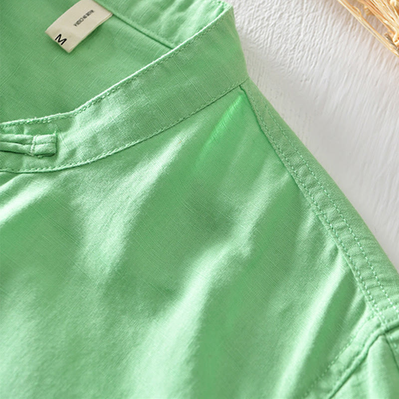 Solid Color Half Button Design Stand Collar Men's Short Sleeve Cotton Linen Shirt