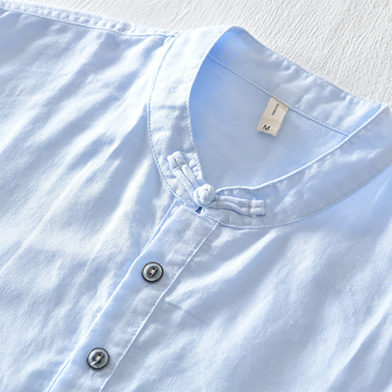 Solid Color Half Button Design Stand Collar Men's Short Sleeve Cotton Linen Shirt