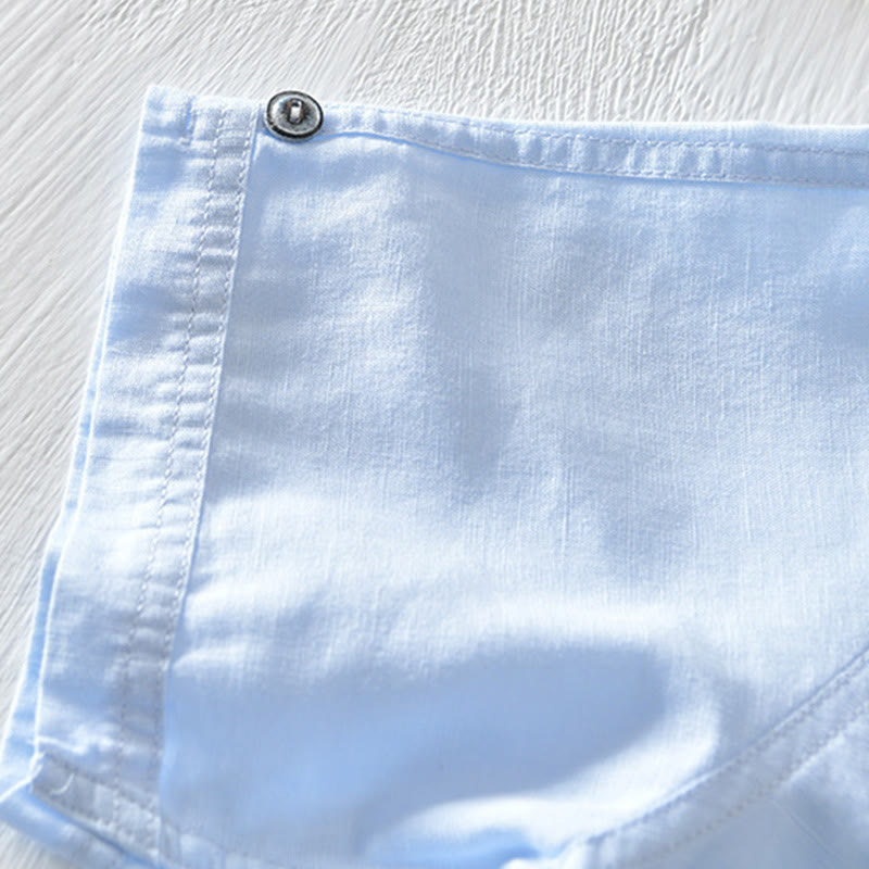 Solid Color Half Button Design Stand Collar Men's Short Sleeve Cotton Linen Shirt