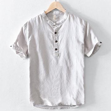 Solid Color Half Button Design Stand Collar Men's Short Sleeve Cotton Linen Shirt