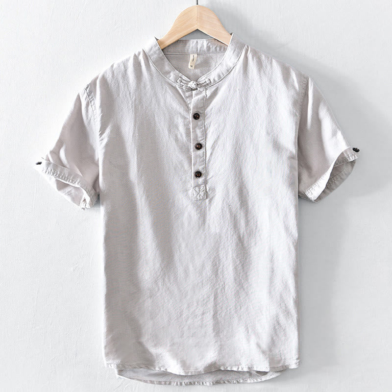Solid Color Half Button Design Stand Collar Men's Short Sleeve Cotton Linen Shirt