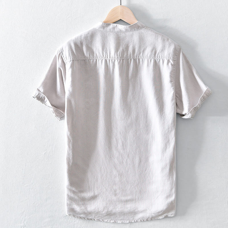 Solid Color Half Button Design Stand Collar Men's Short Sleeve Cotton Linen Shirt