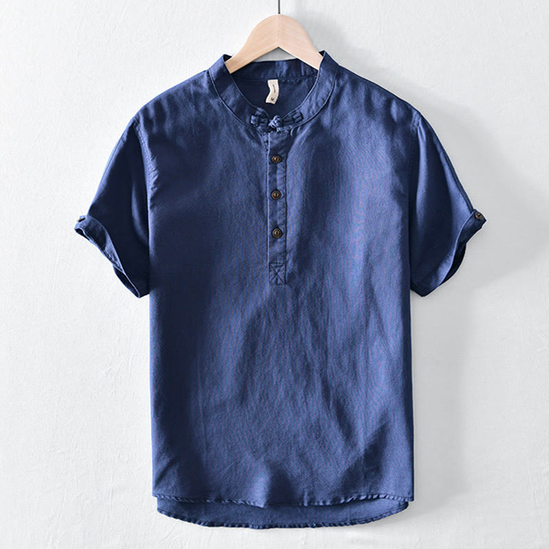 Solid Color Half Button Design Stand Collar Men's Short Sleeve Cotton Linen Shirt
