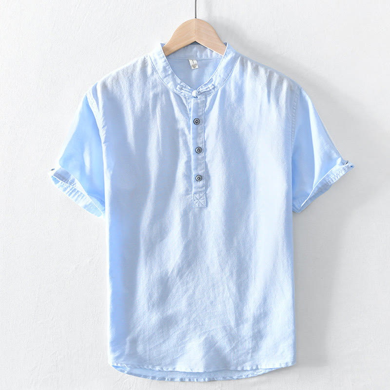 Solid Color Half Button Design Stand Collar Men's Short Sleeve Cotton Linen Shirt