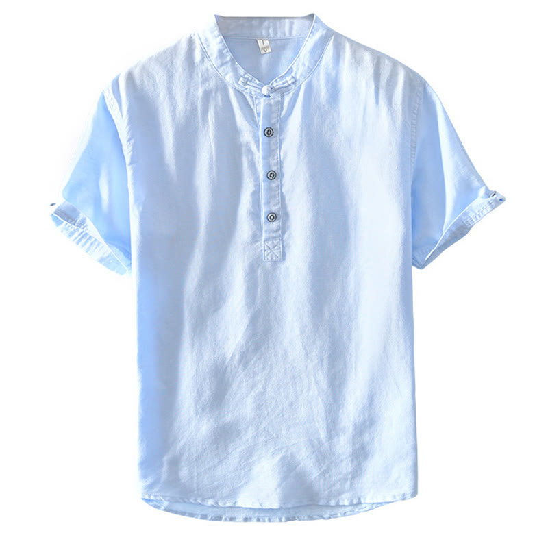 Solid Color Half Button Design Stand Collar Men's Short Sleeve Cotton Linen Shirt