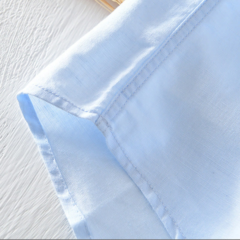 Solid Color Half Button Design Stand Collar Men's Short Sleeve Cotton Linen Shirt