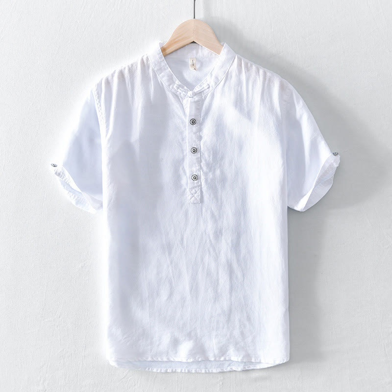 Solid Color Half Button Design Stand Collar Men's Short Sleeve Cotton Linen Shirt