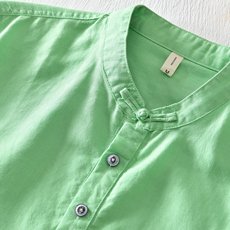 Solid Color Half Button Design Stand Collar Men's Short Sleeve Cotton Linen Shirt