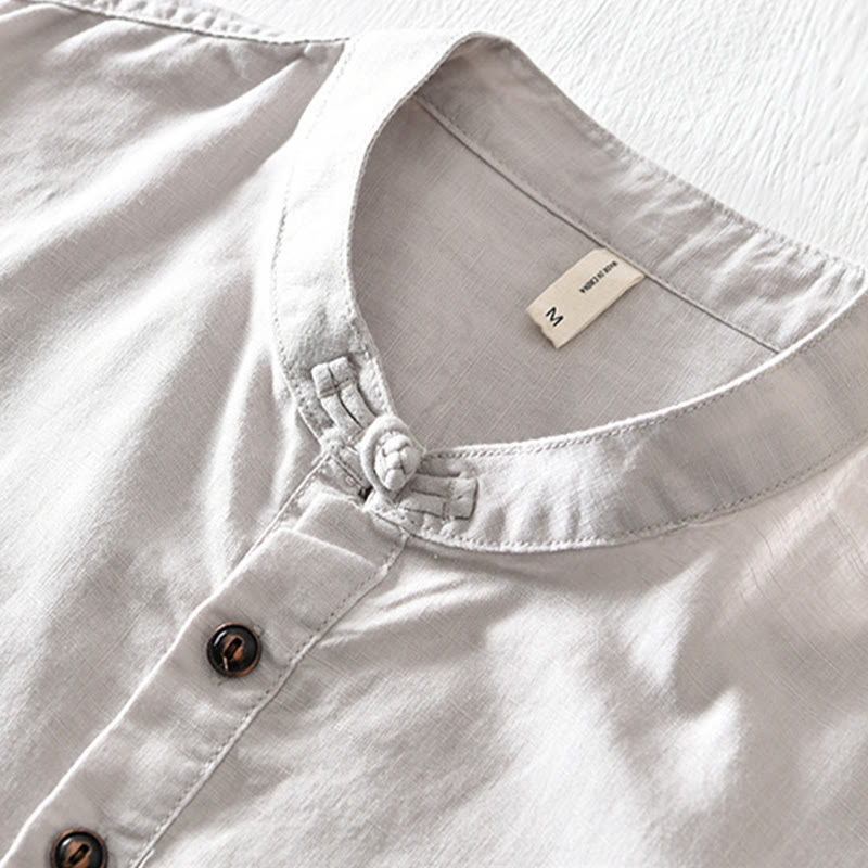 Solid Color Half Button Design Stand Collar Men's Short Sleeve Cotton Linen Shirt