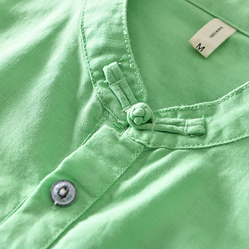 Solid Color Half Button Design Stand Collar Men's Short Sleeve Cotton Linen Shirt