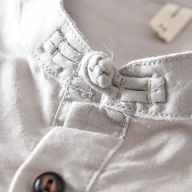 Solid Color Half Button Design Stand Collar Men's Short Sleeve Cotton Linen Shirt