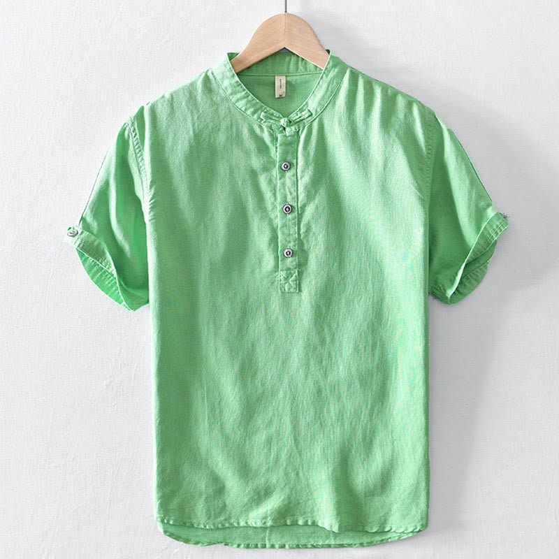 Solid Color Half Button Design Stand Collar Men's Short Sleeve Cotton Linen Shirt
