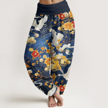 Cotton Auspicious Clouds White Cranes Red Flowers Pattern Design Women's Elastic Waist Harem Pants
