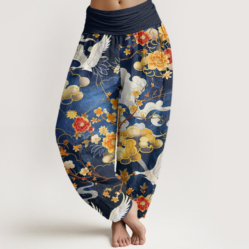 Cotton Auspicious Clouds White Cranes Red Flowers Pattern Design Women's Elastic Waist Harem Pants