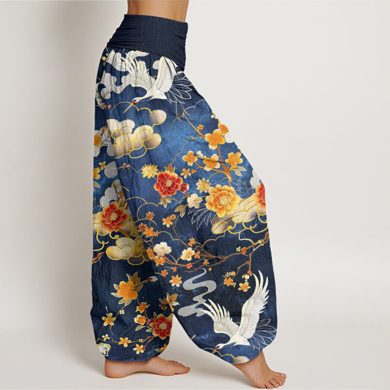 Cotton Auspicious Clouds White Cranes Red Flowers Pattern Design Women's Elastic Waist Harem Pants