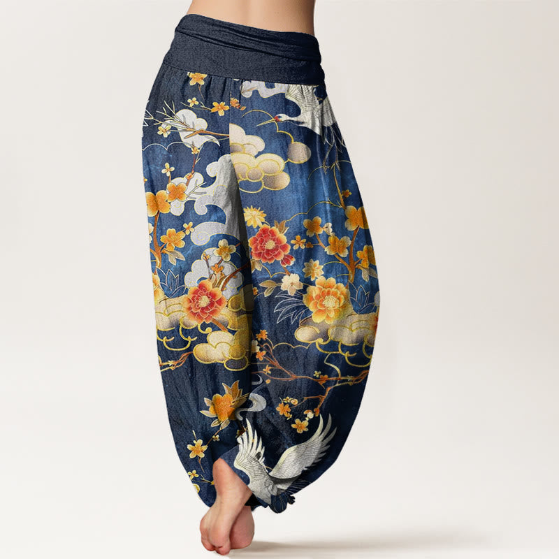 Cotton Auspicious Clouds White Cranes Red Flowers Pattern Design Women's Elastic Waist Harem Pants