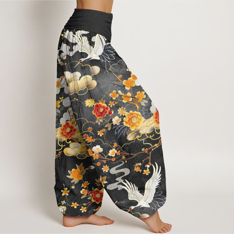 Cotton Auspicious Clouds White Cranes Red Flowers Pattern Design Women's Elastic Waist Harem Pants
