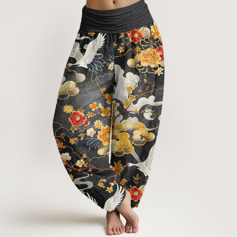 Cotton Auspicious Clouds White Cranes Red Flowers Pattern Design Women's Elastic Waist Harem Pants