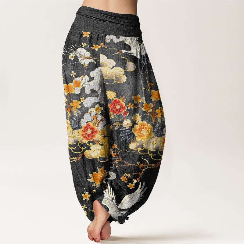 Cotton Auspicious Clouds White Cranes Red Flowers Pattern Design Women's Elastic Waist Harem Pants