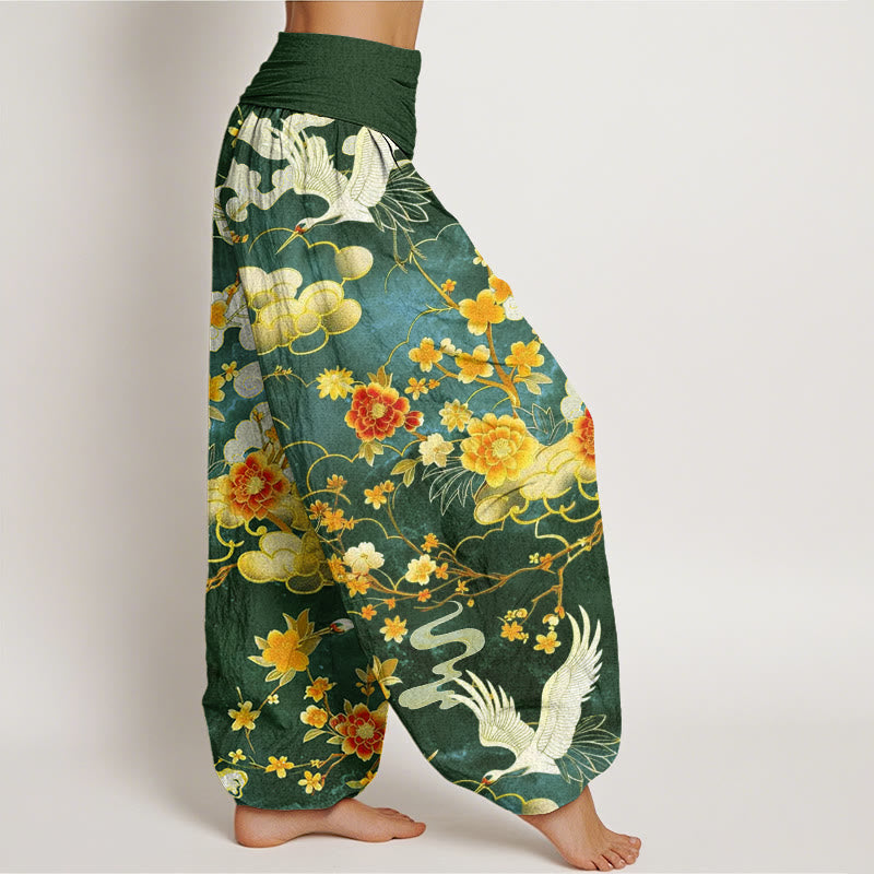 Cotton Auspicious Clouds White Cranes Red Flowers Pattern Design Women's Elastic Waist Harem Pants