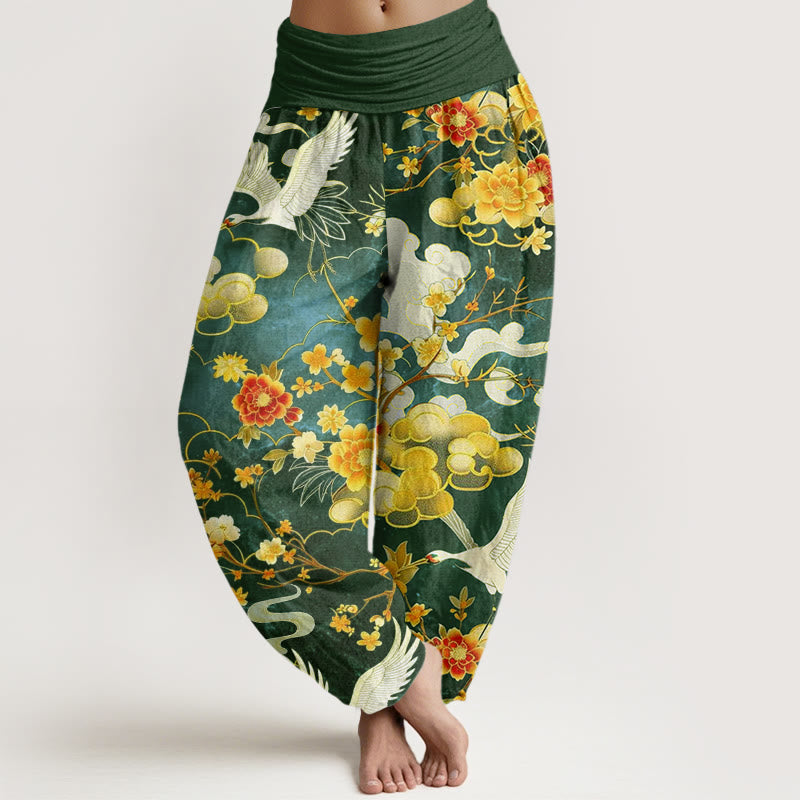 Cotton Auspicious Clouds White Cranes Red Flowers Pattern Design Women's Elastic Waist Harem Pants