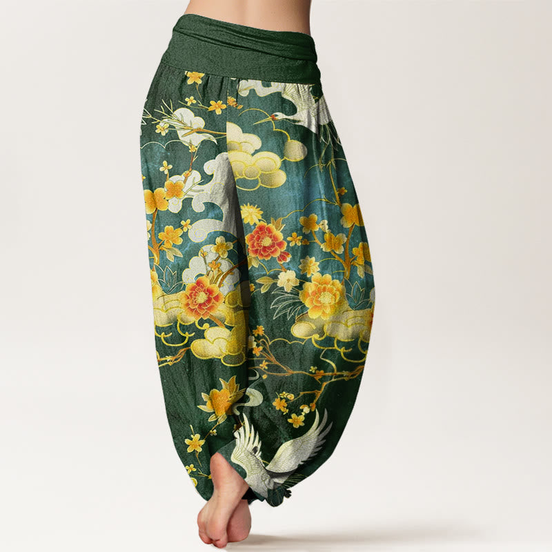 Cotton Auspicious Clouds White Cranes Red Flowers Pattern Design Women's Elastic Waist Harem Pants