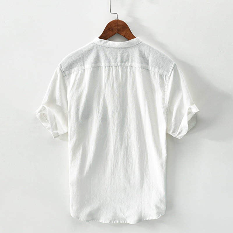 Color Contrast Half Button Men's Short Sleeve Cotton Linen Shirt With Pocket