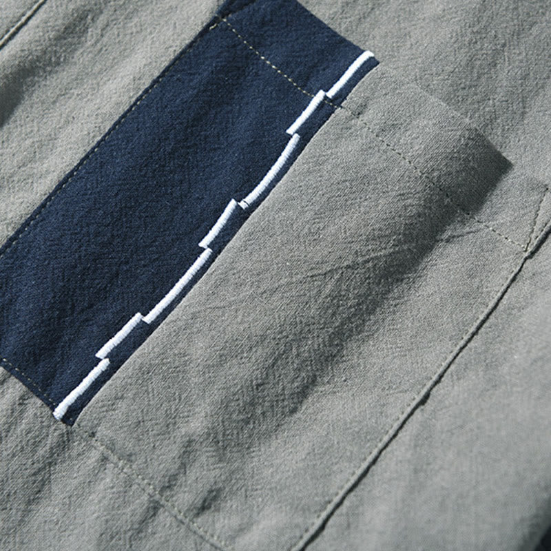 Color Contrast Half Button Men's Short Sleeve Cotton Linen Shirt With Pocket
