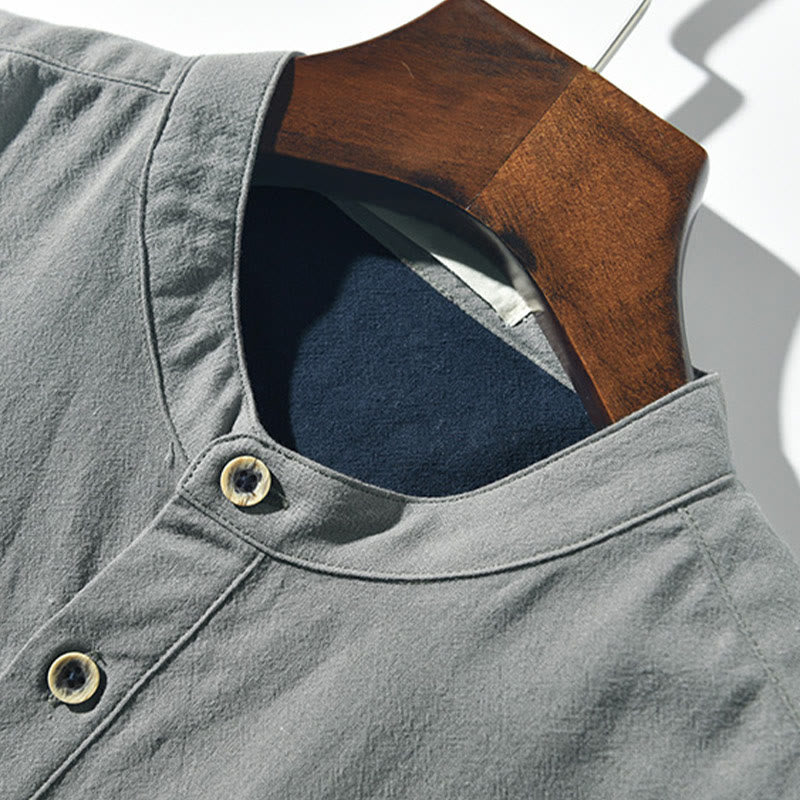 Color Contrast Half Button Men's Short Sleeve Cotton Linen Shirt With Pocket