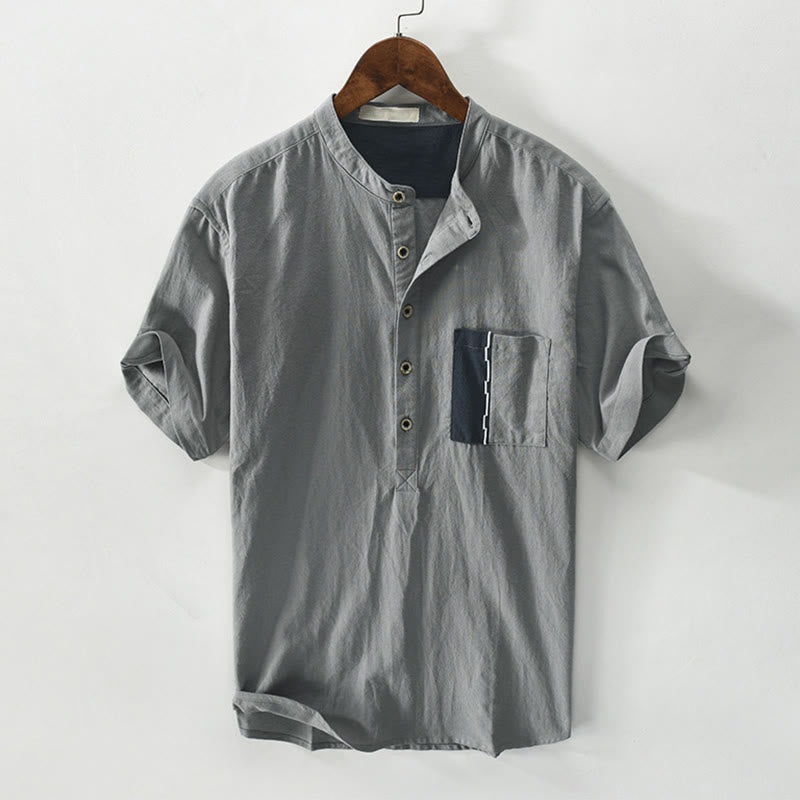 Color Contrast Half Button Men's Short Sleeve Cotton Linen Shirt With Pocket