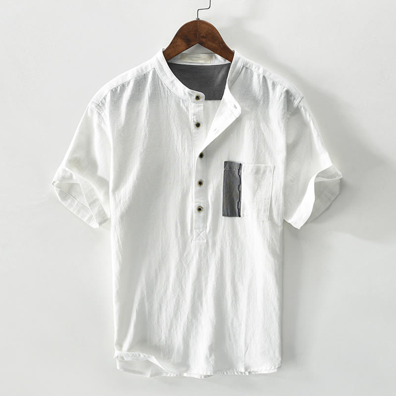 Color Contrast Half Button Men's Short Sleeve Cotton Linen Shirt With Pocket