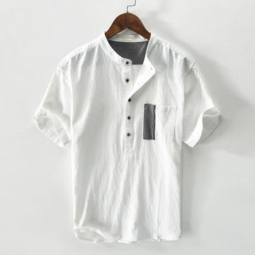 Color Contrast Half Button Men's Short Sleeve Cotton Linen Shirt With Pocket