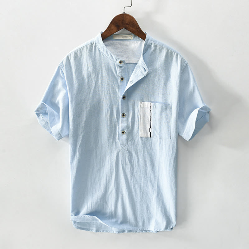 Color Contrast Half Button Men's Short Sleeve Cotton Linen Shirt With Pocket
