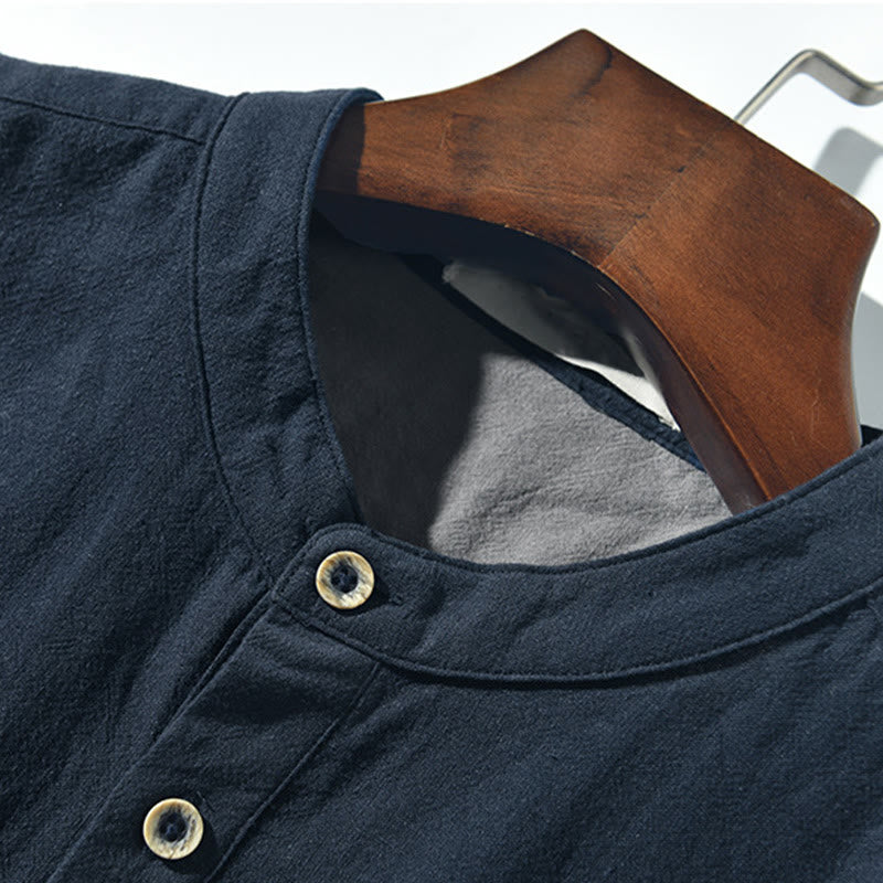 Color Contrast Half Button Men's Short Sleeve Cotton Linen Shirt With Pocket