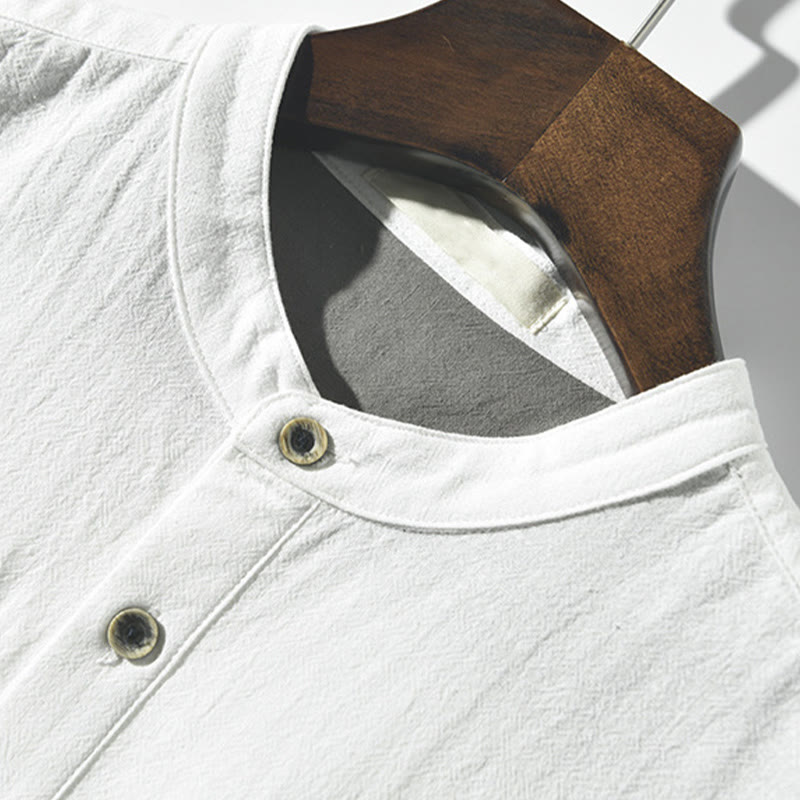 Color Contrast Half Button Men's Short Sleeve Cotton Linen Shirt With Pocket
