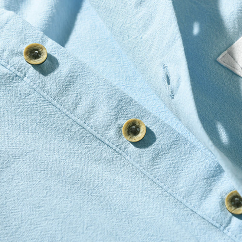 Color Contrast Half Button Men's Short Sleeve Cotton Linen Shirt With Pocket