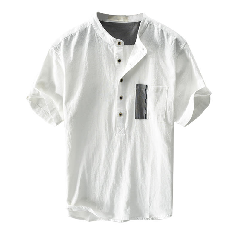 Color Contrast Half Button Men's Short Sleeve Cotton Linen Shirt With Pocket